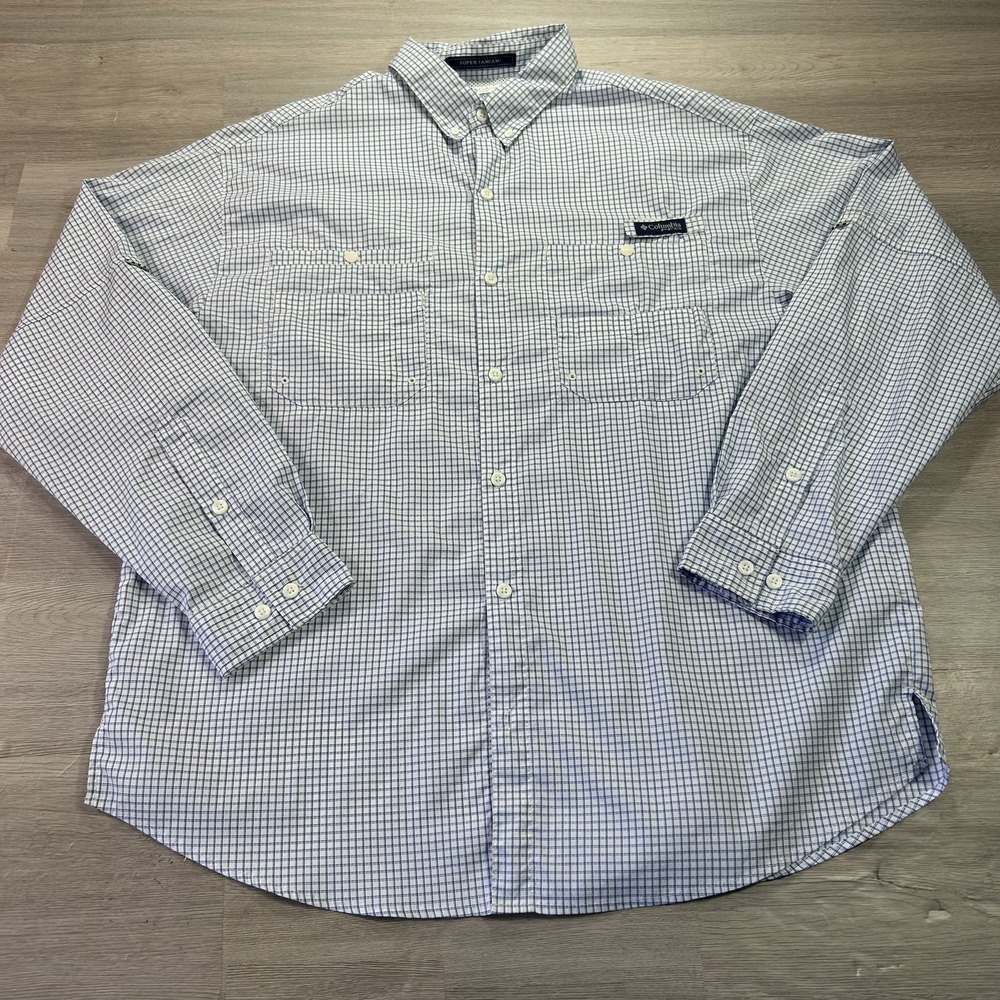 Columbia PFG Super Tamiami Shirt Mens XL White Check Long Sleeve Fishing Top